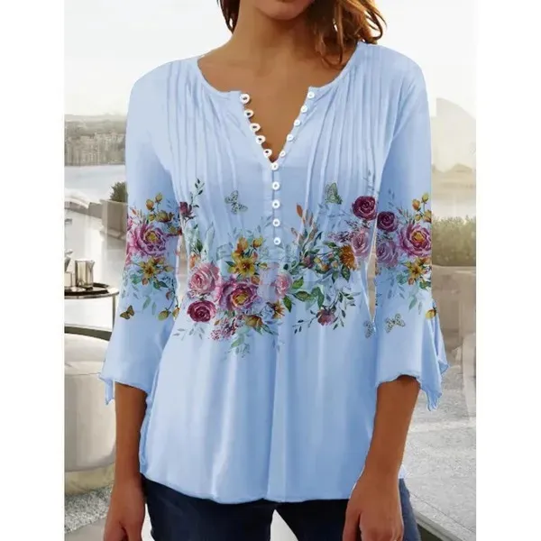 Women's Floral Printed V neck Short Sleeve Button T shirt Blue - Shop at LoveMi