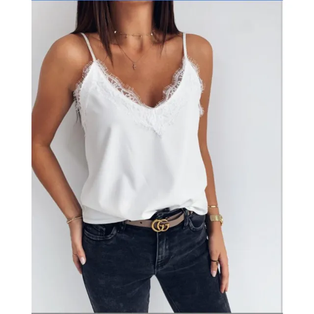 V neck Lace trimmed Solid color Sexy Figure hugging Womens Camisole White - Shop at LoveMi