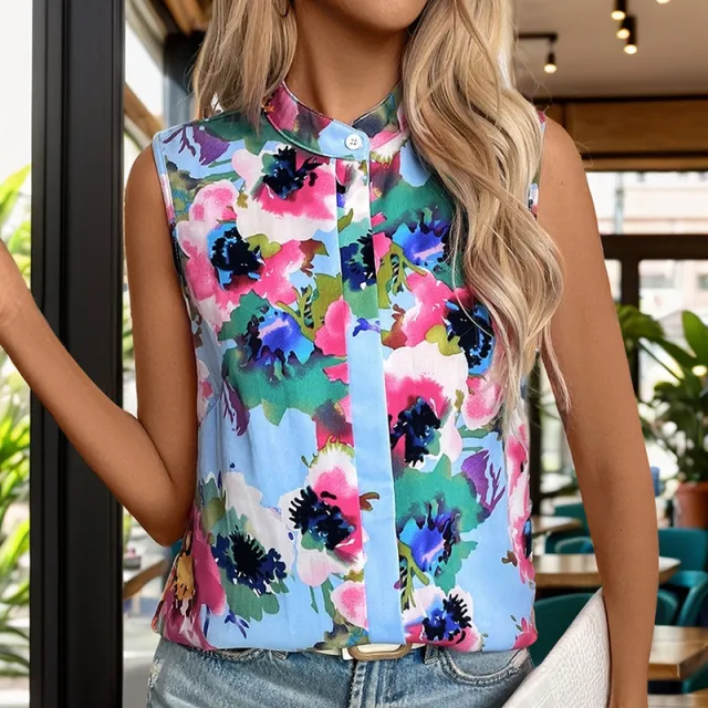 Stand Collar Sleeveless Pullover Print Blue Shirt Tan - Shop at LoveMi