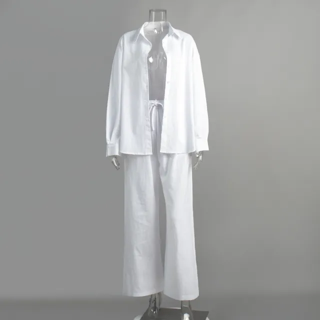 Cotton Shirt Trousers Suit Loose Long Sleeve White - Shop at LoveMi