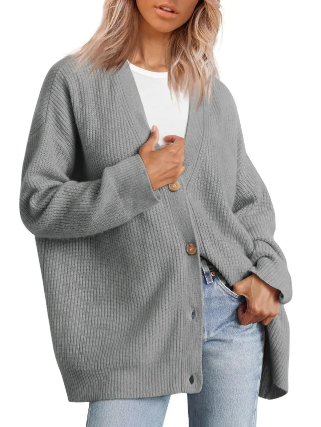 European And American Style Simple All match Knitted Button V neck Solid Color Sweater Gray - Shop at LoveMi