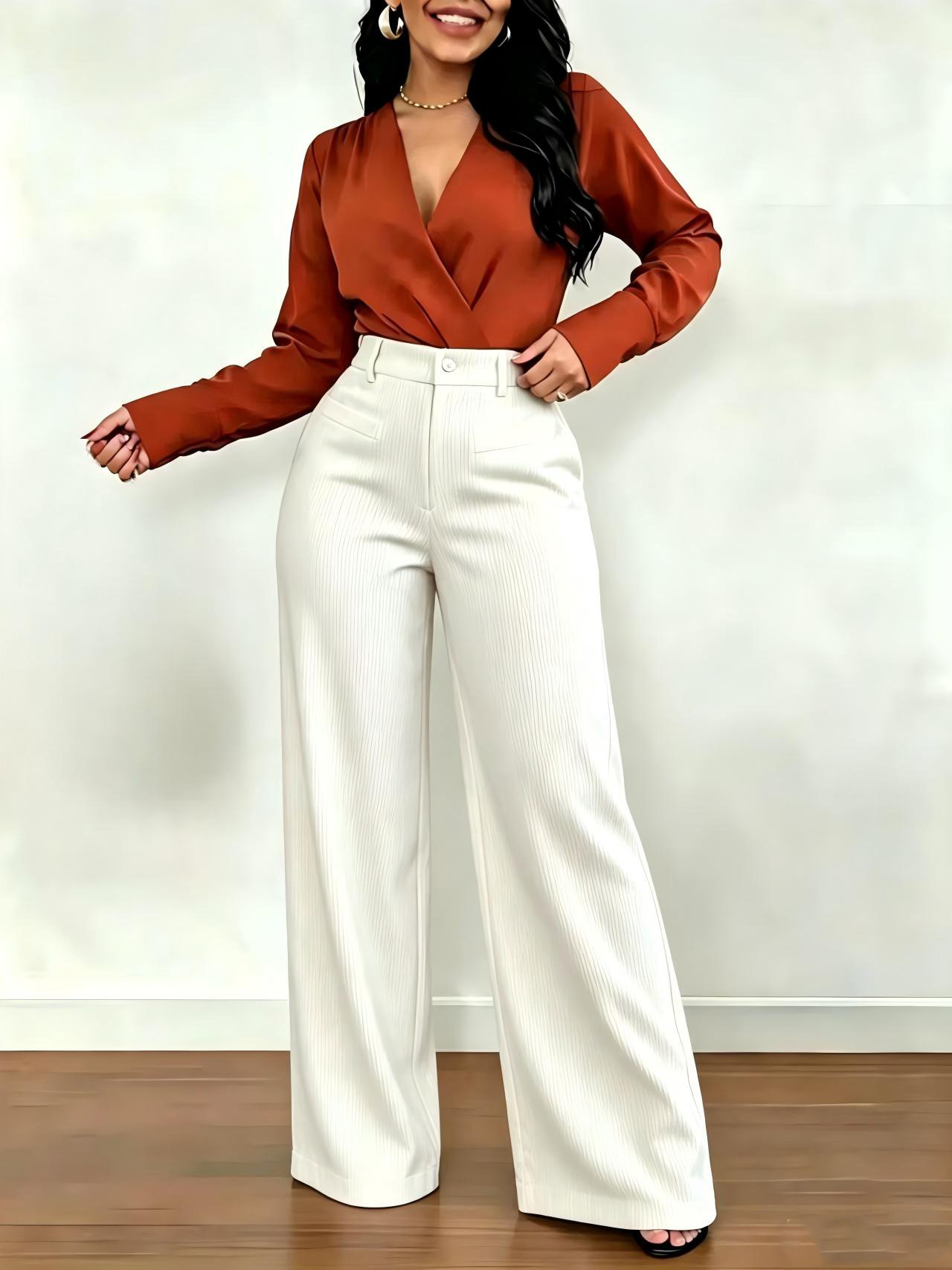 Pantalon femme uni chic décontracté, coupe ample à jambes larges fuselées, effet amincissant, tombé fluide