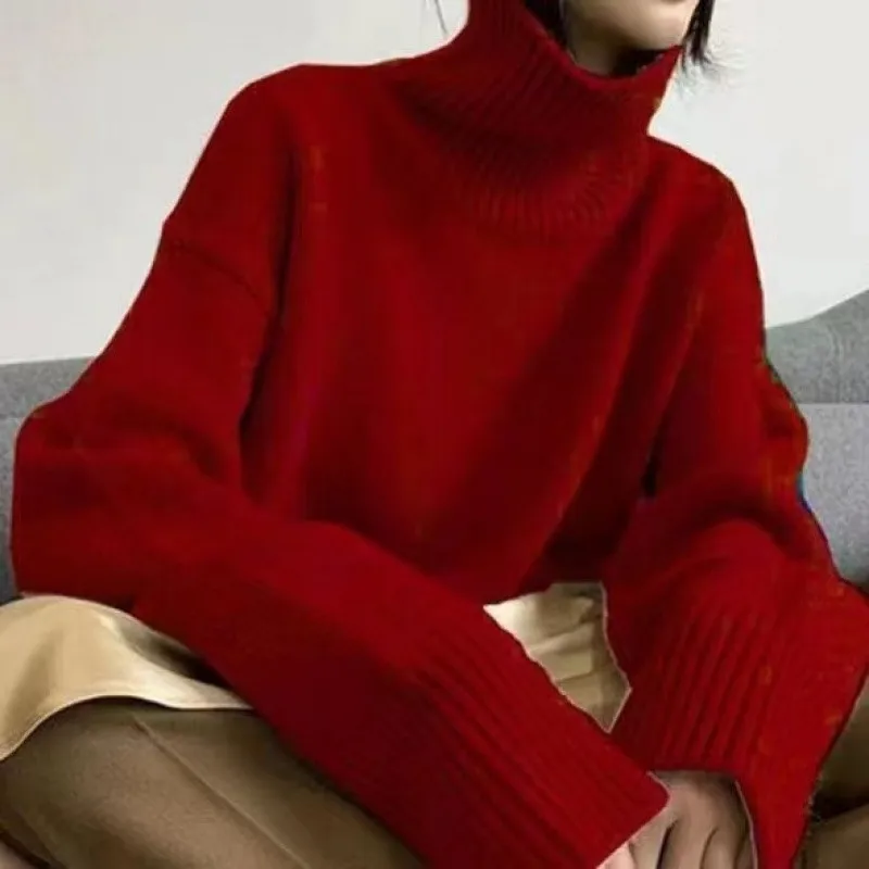 New Winter Wear Thick Soft Glutinous Loose High Collar Knitted Sweater For Women - Wine