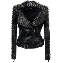European And American Plus Size Rivet Short Stitching Motorcycle Leather Coat - Black - View 1