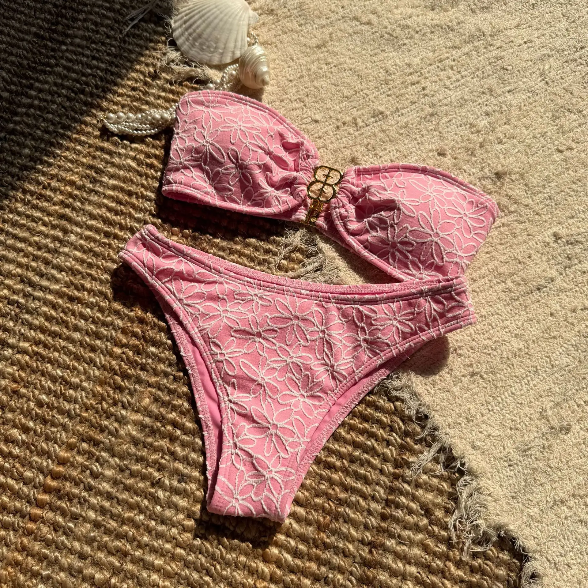 Embroidered Sexy Strapless Two-Piece Swimsuit Bikini Set