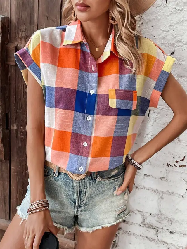 Fashion Polo Collar Dovetail Short Sleeve Plaid Shirt Orange Red - Shop at LoveMi