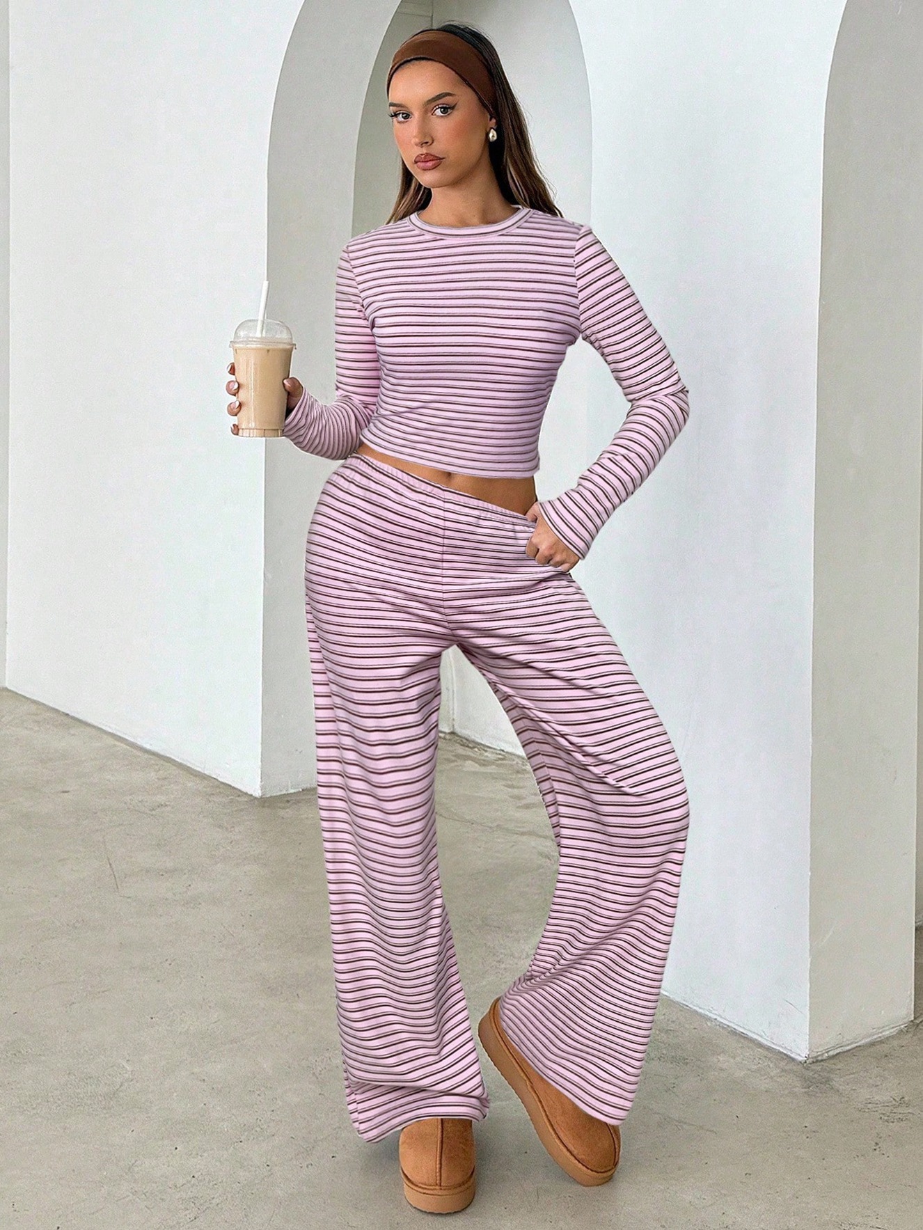 Striped long-sleeve top included in women's two-piece set