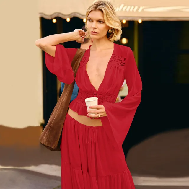 Womens Lace Chiffon Cardigan Top And Loose Long Skirt Set Red - Shop at LoveMi