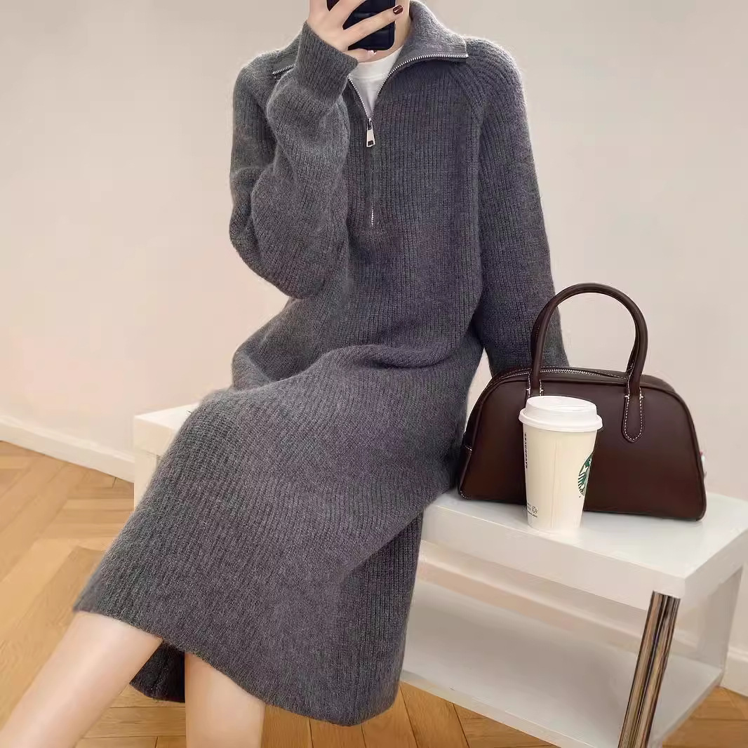 Zipper Lapel Knitted Dress Women Autumn and Winter Retro Long Turtleneck Sweater Dress