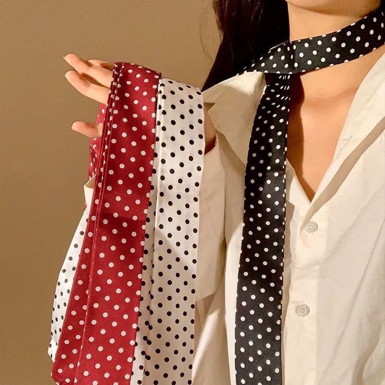 Korean-style Black And White Polka-Dot Silk Scarf For Women