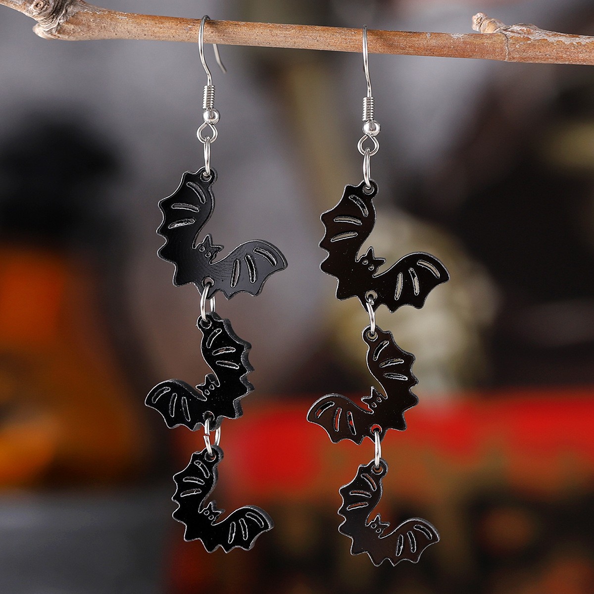 Halloween White Ghost And Black Bat Triptych Earrings