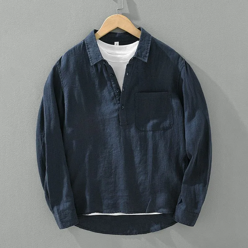 Japanese-style Retro Long Sleeve Linen Shirt Men's Pullover Square Collar