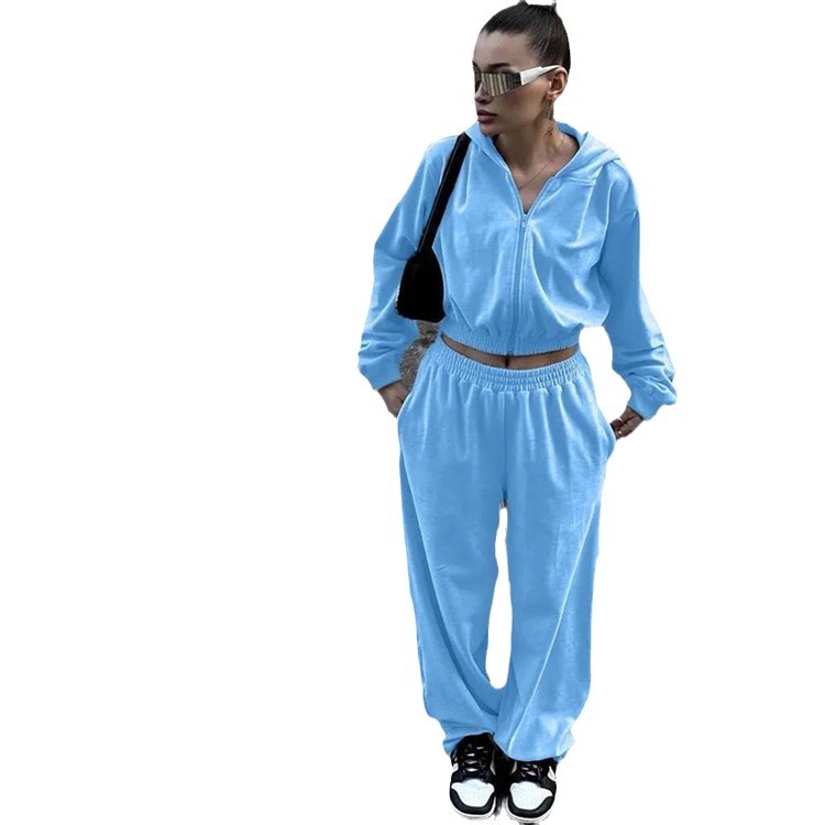 European And American Street Style Long Sleeve Hooded Cardigan Elastic Trousers Two-piece Set