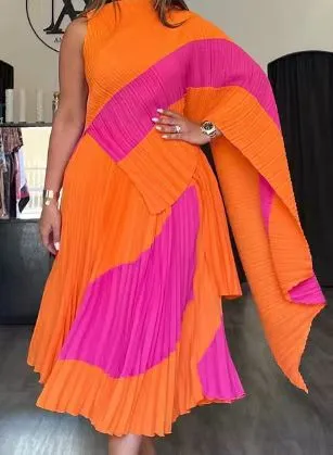 Two piece Shawl Irregular Top Long Elastic Waist Large Swing Skirt Suit Orange - Shop at LoveMi