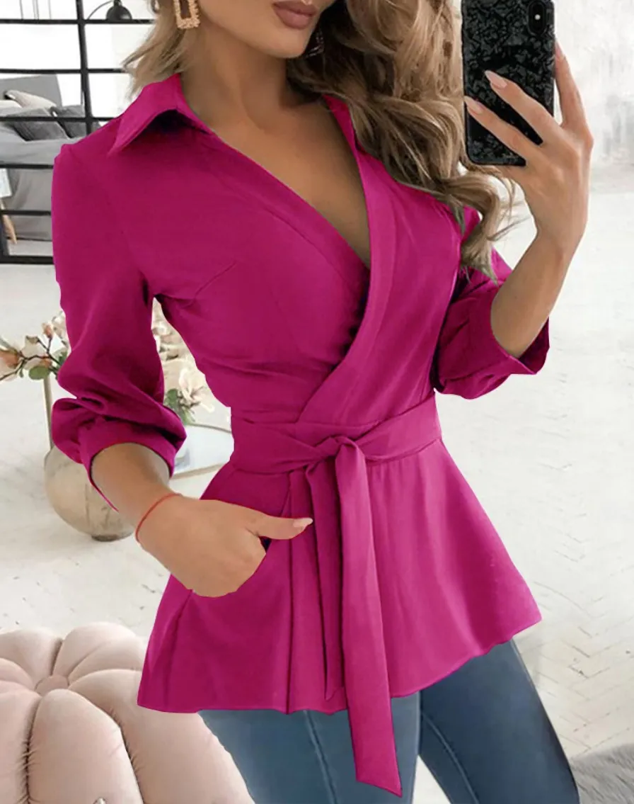 Printed Long Sleeve V-neck Belt Shirt - Red