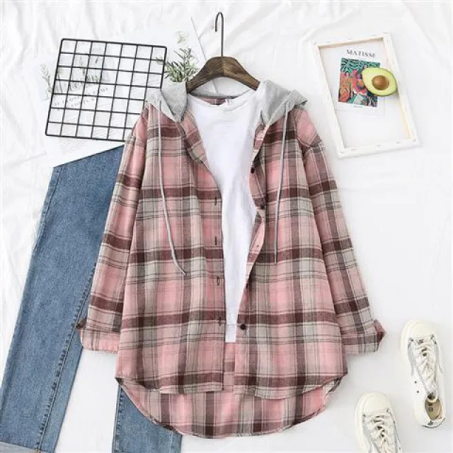 Retro Style Springsummer Autumn Plaid Shirt Women's Loose And Hooded Cardigan Coat Pink - Shop at LoveMi