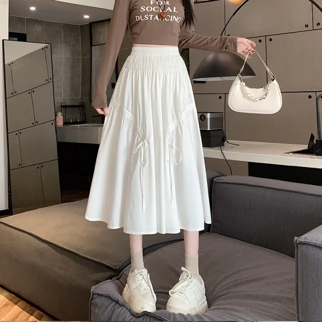 French Elastic Waist Drawstring Irregular Skirt White - Shop at LoveMi
