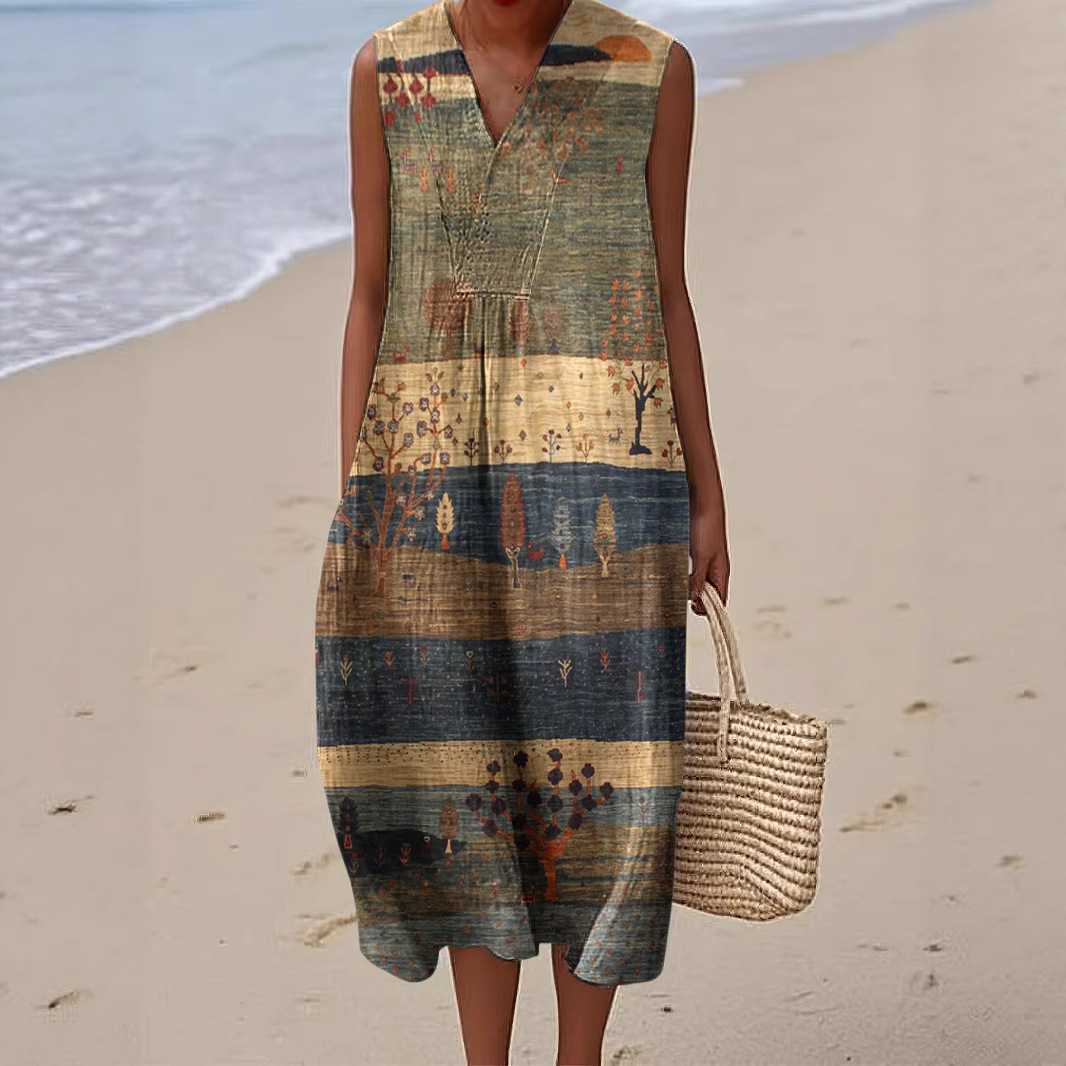 Womens Fashionable V-Neck Sleeveless Printed Dress