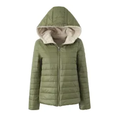 European And American Short Velvet Loose Hooded Cotton Jacket Jacket - Army Green - View 1