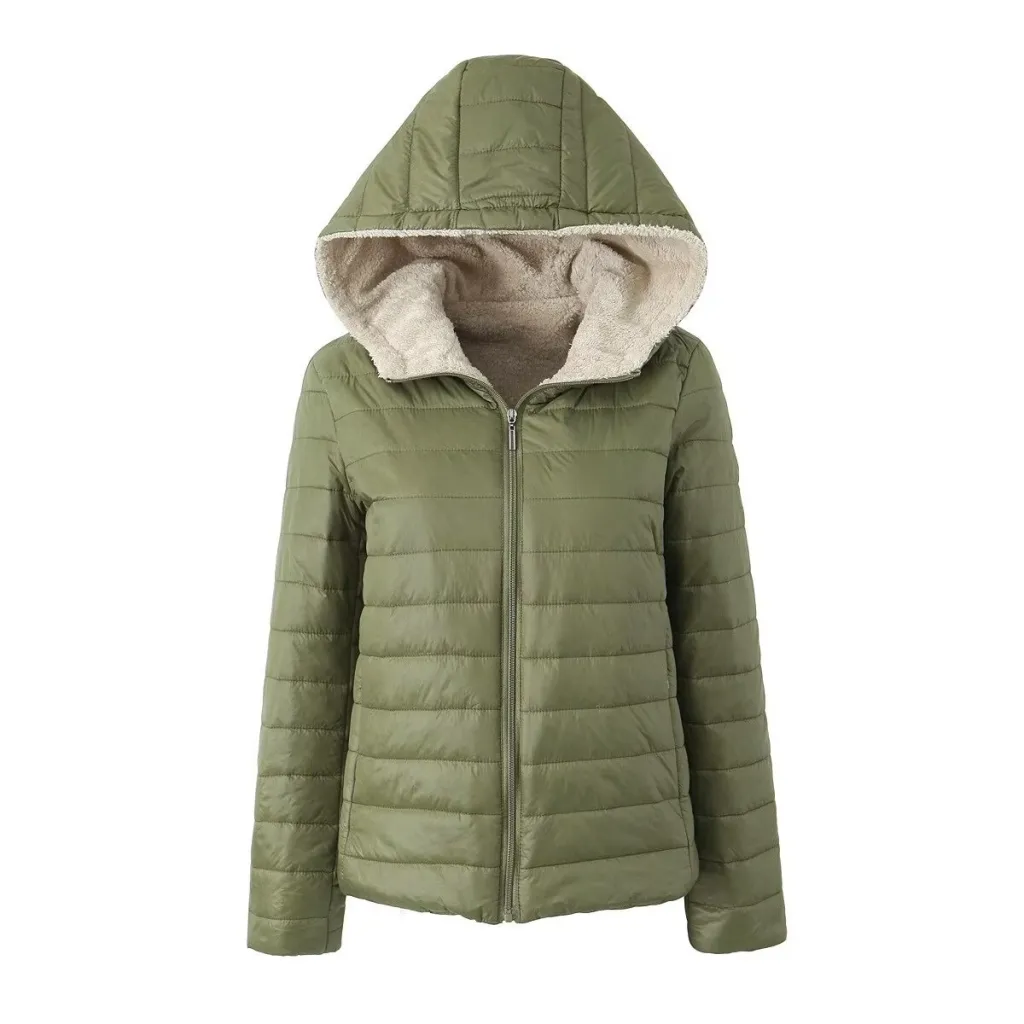 European And American Short Velvet Loose Hooded Cotton Jacket Jacket - Army Green