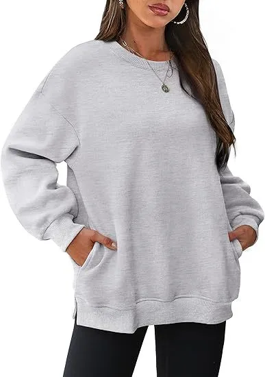 Women's Round Neck Pullover Oversized Loose Velvet Long Sleeve Sweatshirt Light Gray - Shop at LoveMi