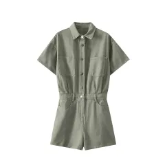 Summer New Women's Elegant Lapel Short Sleeve Waist-controlled Short Denim Jumpsuit - Green - View 1