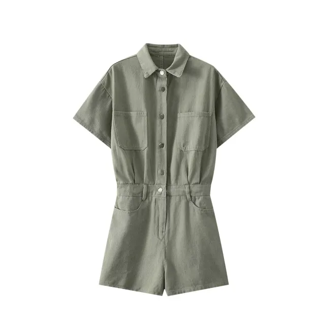 Summer New Women's Elegant Lapel Short Sleeve Waist controlled Short Denim Jumpsuit Green - Shop at LoveMi