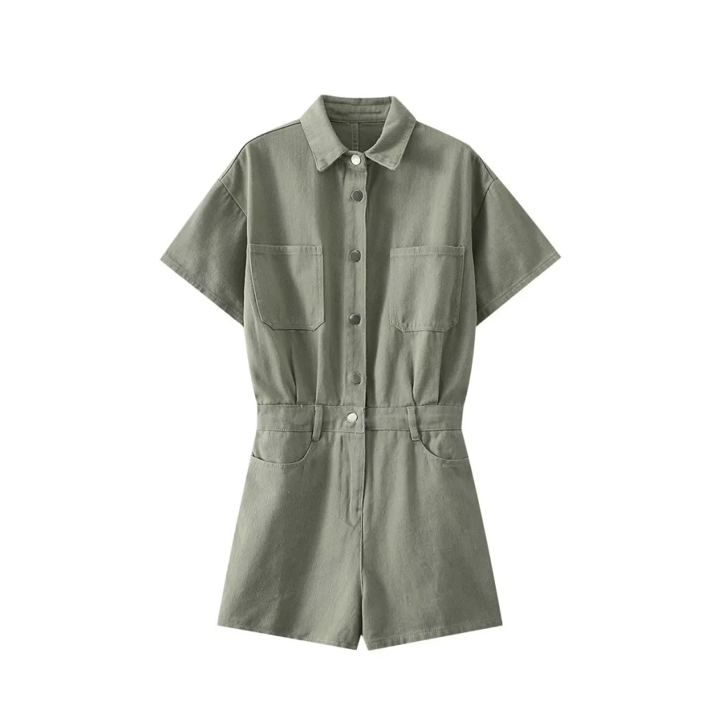 Summer New Women's Elegant Lapel Short Sleeve Waist-controlled Short Denim Jumpsuit - Green