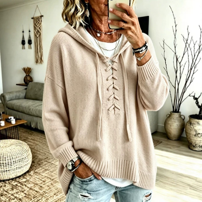 Strap-crossed V-neck Hooded Knit Sweater