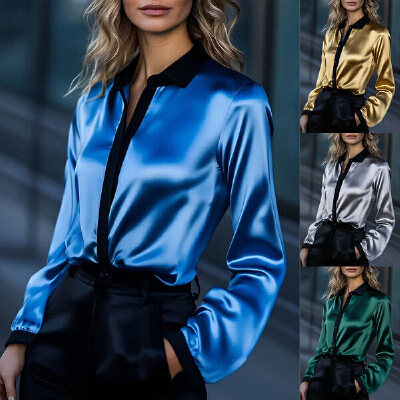 Womens Casual Loose Satin Color-Block Long-Sleeve Shirt