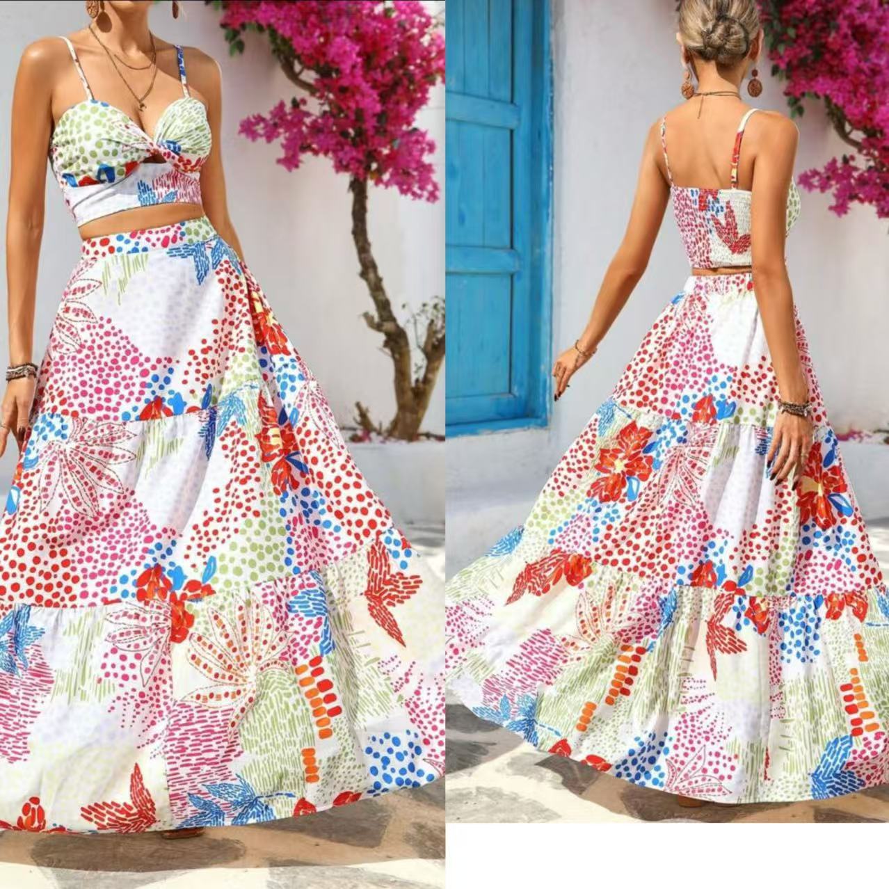 Printed Fashionable Slim-fit Suspender Skirt Suit Women