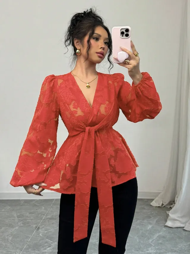 Fashionable Sexy Semi transparent Long sleeved V neck Women's Shirt Orange Red - Shop at LoveMi