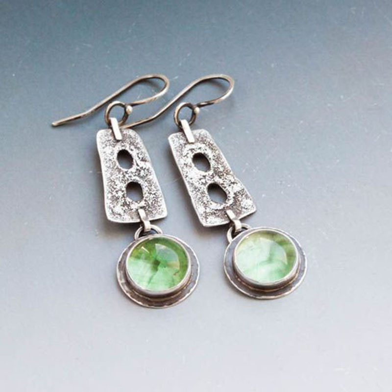 French Retro Geometric Round Green Moonstone Earrings