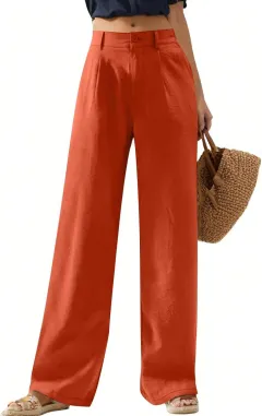 Women's Elastic Waist Wide Leg Casual Trousers - Red - View 1