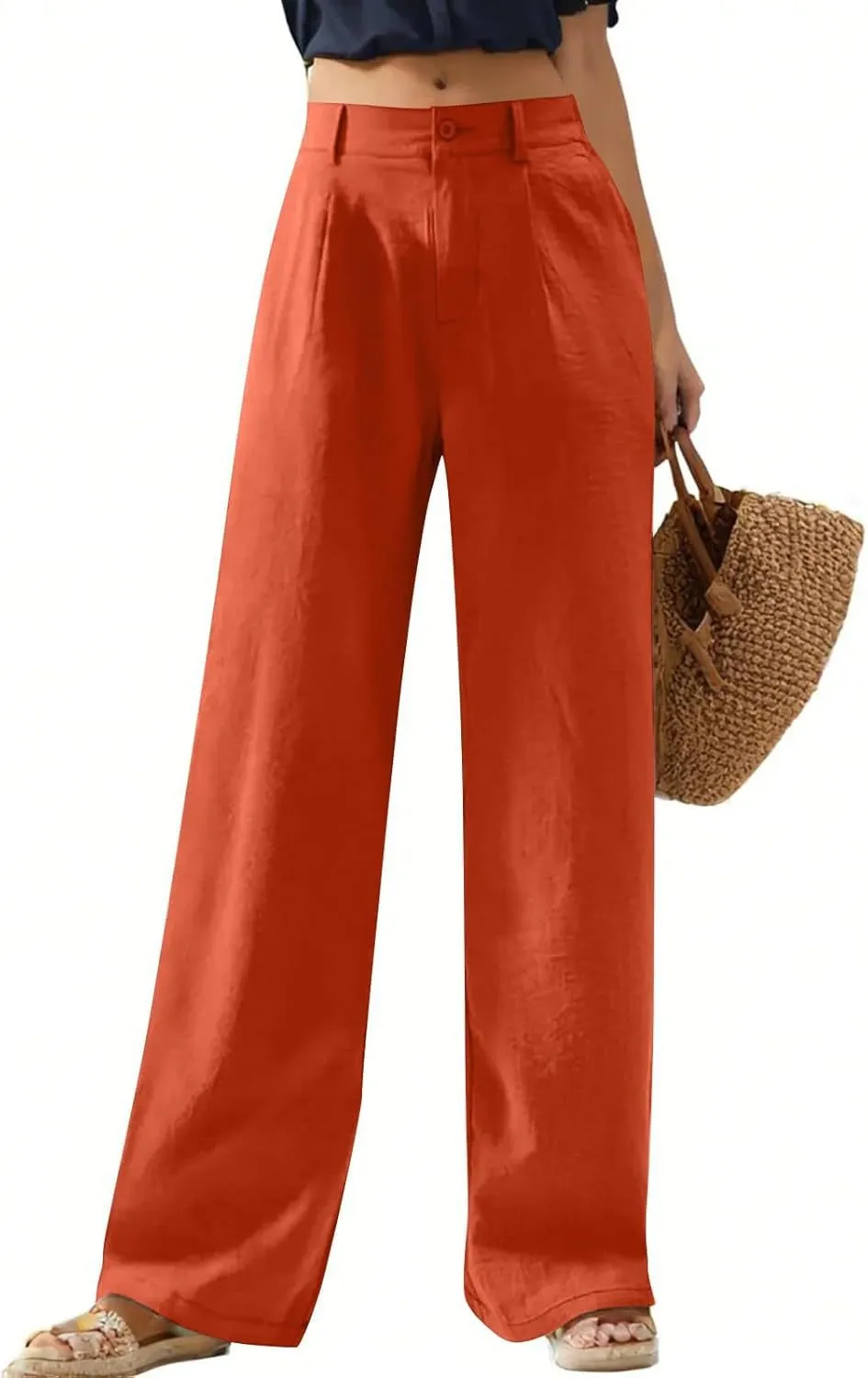 Women's Elastic Waist Wide Leg Casual Trousers - Red