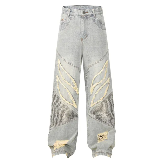 High Street American Stitching Patchwork Cat Beard Worn Jeans Light Blue - Shop at LoveMi
