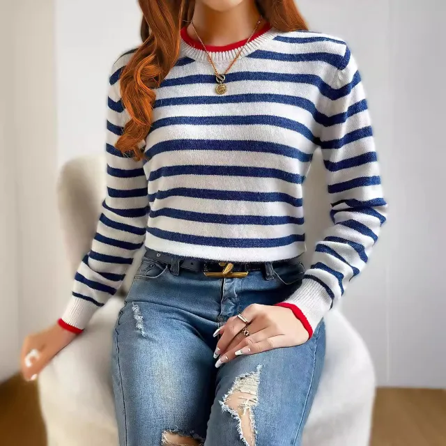Striped Contrast Color Knitted Pullover Long Sleeve Round Neck Sapphire Blue - Shop at LoveMi
