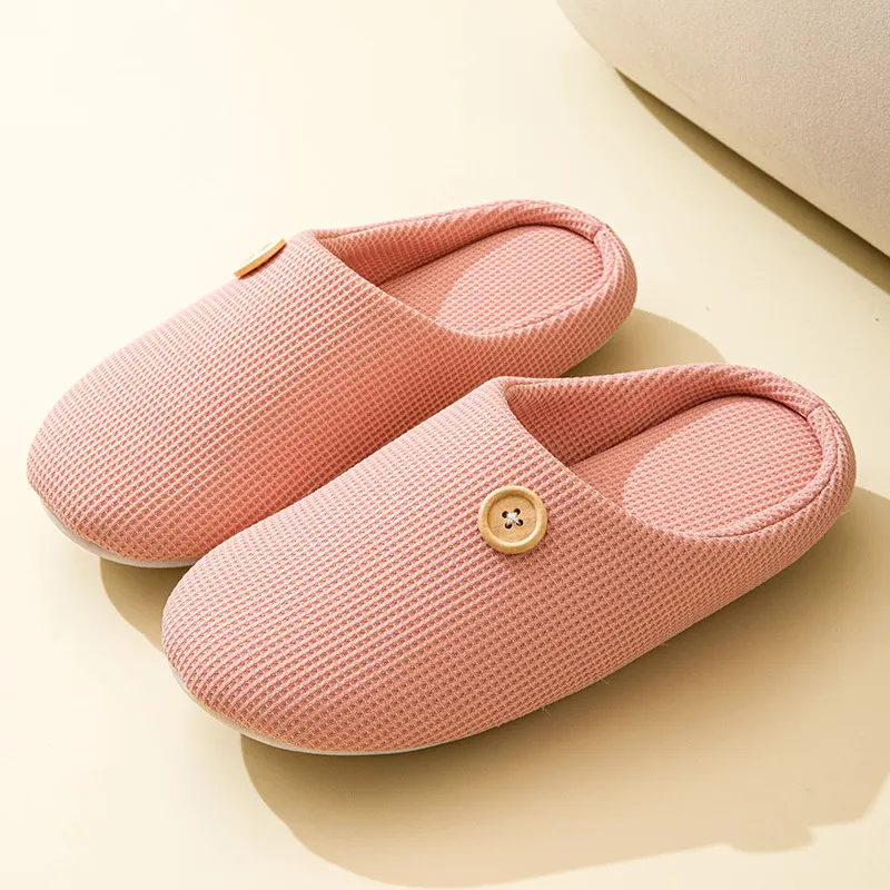 Simple Japanese And Korean Home Silent Four Seasons Soft Bottom Button Warm Interior Home Warm Slippers - Pink