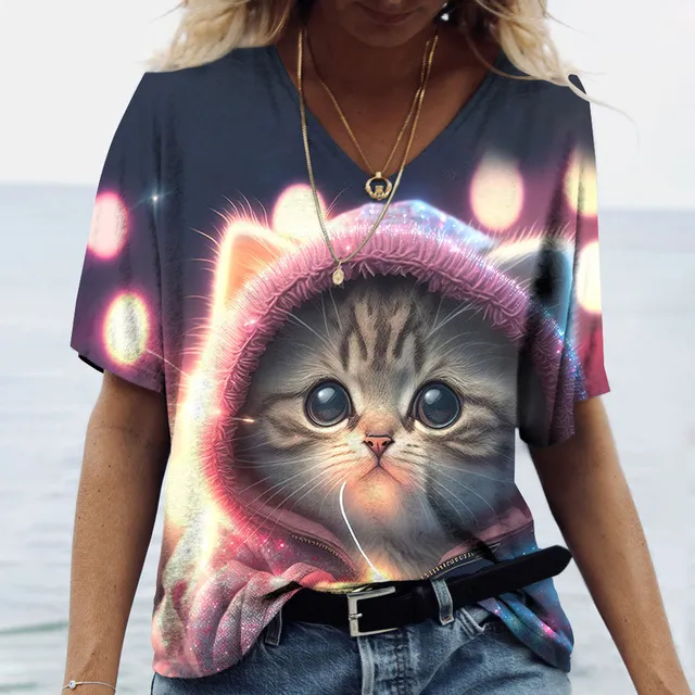 Women's Casual Printed Round Neck Cat Pattern T shirt Pink - Shop at LoveMi