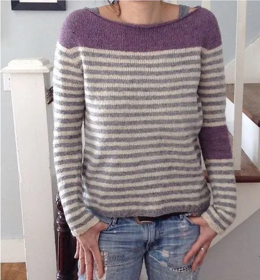 Round Neck Multicolor Loose Fashion Pullover Sweater Striped Purple - Shop at LoveMi