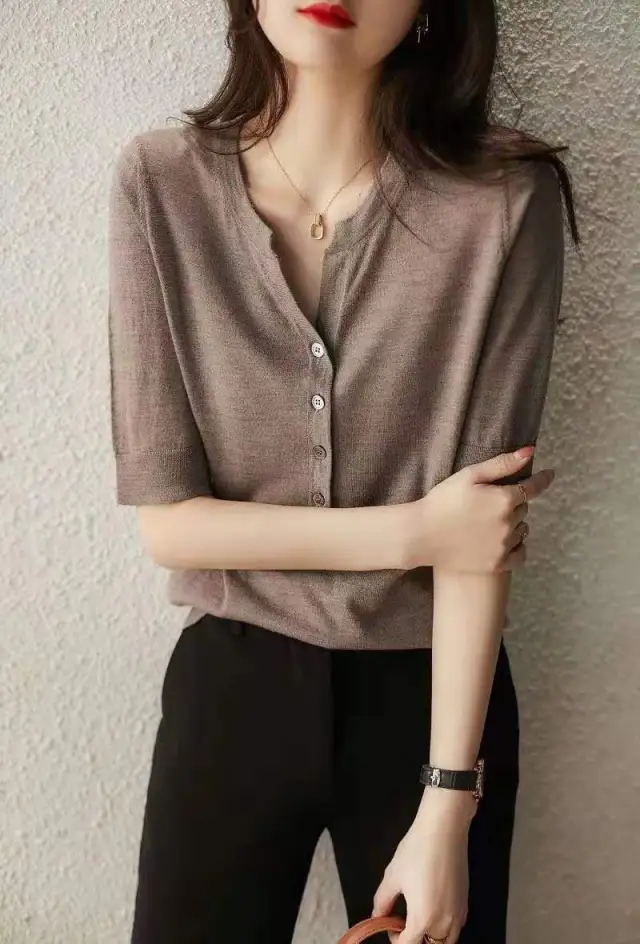 Knitwear Women's V neck Fashion Half open Collar Breasted Top Camel - Shop at LoveMi