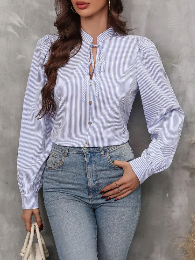Women's V neck Lace up Button Striped Long Sleeve Shirt Light Blue - Shop at LoveMi