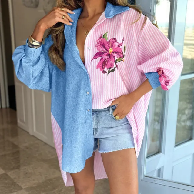 Temperament Floral Print Lapel Stripe Shirt Front Short Back Long Loose Casual Versatile Top Blue - Shop at LoveMi