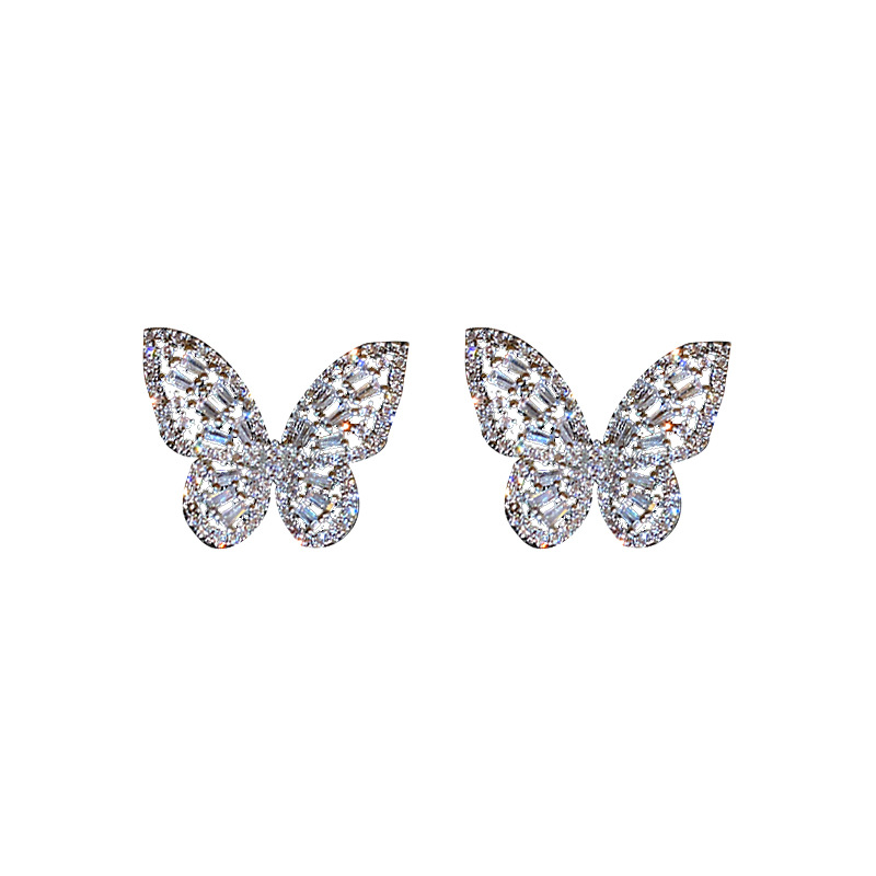 Silver Stud Rhinestone-encrusted Zircon Butterfly Studs