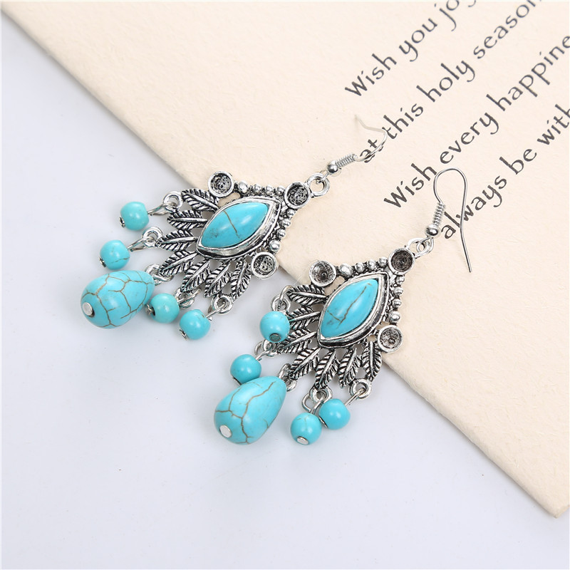 Fashionable Bohemian Vintage Carved Turquoise Teardrop Tassel Earrings
