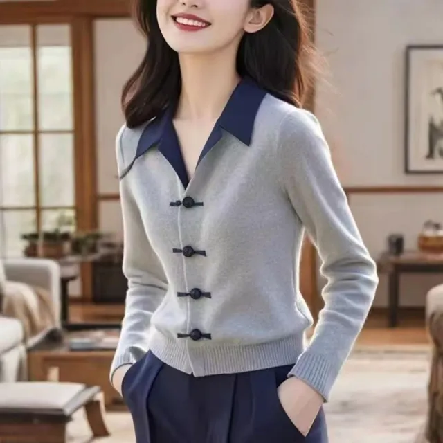 Womens Minimalist Elegant New Chinese Style Knot Button Knitted Top Gray - Shop at LoveMi