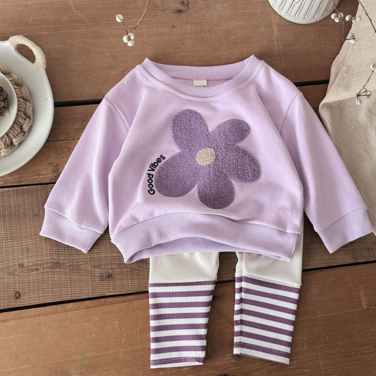 Baby Floral Hoodie And Striped Pants Two-piece Set