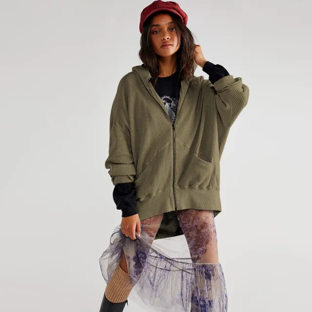 Waffle knit Cardigan With Zipper Relaxed fit Women's Hoodie Army Green - Shop at LoveMi