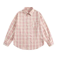 Irregular Pocket Personality Design Loose Plaid Shirt High Street Tide - Pink - View 1