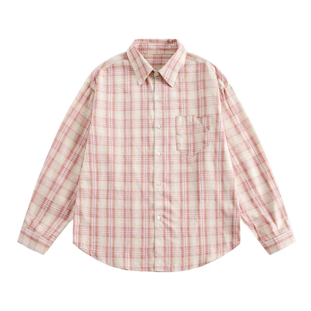 Irregular Pocket Personality Design Loose Plaid Shirt High Street Tide Pink - Shop at LoveMi